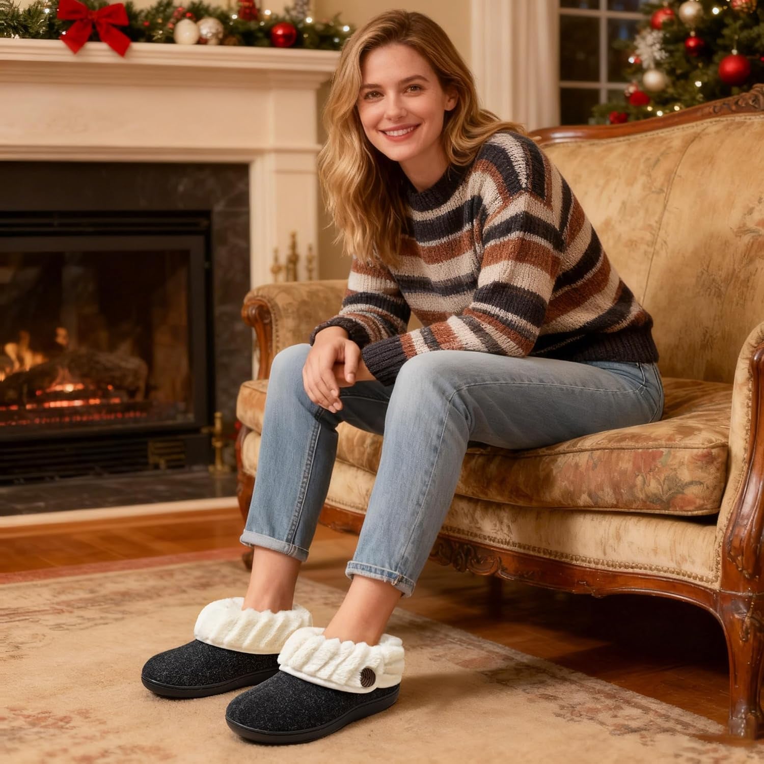 Women'S Wool Cozy Memory Foam Winter Slippers Indoor Outdoor with Fuzzy Faux Fur Collar